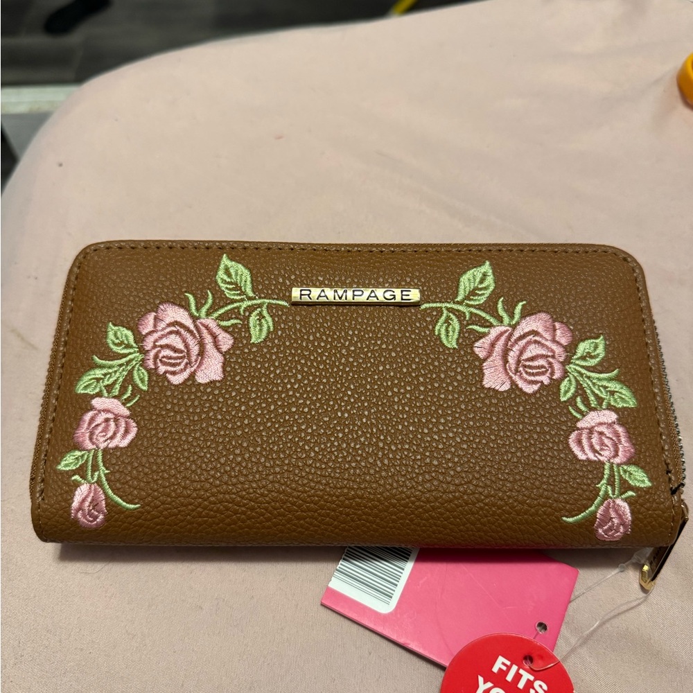 Rampage Brown Wallet with Pink Floral Embroidery